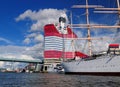 Gota Alv Bridge, Barken Viking From von 1906 And The Tower Skanskaskrapan Lappstiftet In The Harbour Lilla Bommen Royalty Free Stock Photo