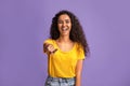 Gotcha. Positive brunette woman pointing finger at camera and laughing Royalty Free Stock Photo