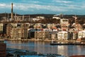 Goteborg industrial harbor town view at sunset, Gothenburg, Sweden