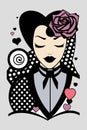 Goth, vintage, retro woman and glamour lady in pop art style, cartoon comic character with hearts and rose, fun and artistic