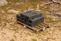 Gothenburg, Sweden - April 25 2021: Fencing foundations on a pallet ready for transport..