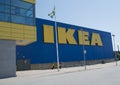 Gothenburg - Sweden. Circa June 2018: Swedish flag and IKEA logo on facade. Royalty Free Stock Photo