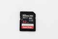 Front of a 32GB Sandisk Extreme PRO SDHC UHS-II 300MBs memory card..