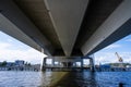 Underside of a large bridge..