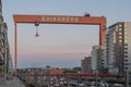 View of the iconic and massive Eriksberg`s crane at sunset on Hisingen, Gothenburg