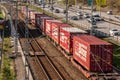 Long container freight train moving southbound out of Gothenburg..