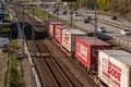 Long container freight train moving southbound out of Gothenburg..