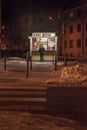 Night photo of a classic hot dog stand in Gothenburg marked Korv Kiosk