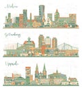 Gothenburg, Uppsala and Malmo Sweden City Skyline Set with Color Buildings