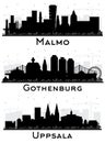 Gothenburg, Uppsala and Malmo Sweden City Skyline Silhouette Set