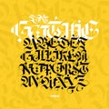 Gothic alphabet. Vector. Modern gothic. Black calligraphic letters on a yellow background. All letters are separate. Medieval lati
