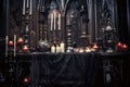 gothic altar with black candles and silver goblets