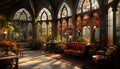 Gothic altar, illuminated window, medieval architecture, elegant chair, spiritual decoration generated by AI