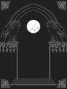 Gothic arch with black cats gargoyles hand drawn vector illustration. Frame or print design