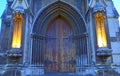Gothic arched wooden and stone cathedral entrance