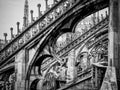 Gothic arches of the Duomo di Milano in black and white