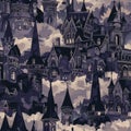 Gothic architecture in a dreamlike sky above a magical city. Seamless pattern Royalty Free Stock Photo