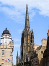 Gothic architecture of Tolbooth Church beside Camera Obscura dome Royalty Free Stock Photo