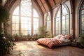 Gothic bedroom with oak floors in front of a large window. Generative AI