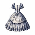 Gothic Black And White Historical Illustration Of A Multilayered Blue Dress