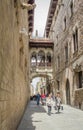 Gothic bridge in Carrer del Bisbe street, in Barcelona, Spain Royalty Free Stock Photo