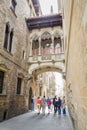 Gothic bridge in Carrer del Bisbe street, in Barcelona, Spain Royalty Free Stock Photo