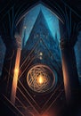 Gothic building with mystic glowing portal and magic runes, dark blue vertical illustration