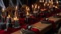 Gothic Candlelit Dinner Table Setting with Roses and Ornate Chairs Royalty Free Stock Photo