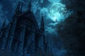 A gothic castle is illuminated by the light of a full moon as darkness falls, Gothic cathedral under a moonlit sky, AI Generated Royalty Free Stock Photo