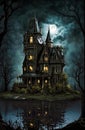 Gothic castle 03 mansion night with bat dark house Generative AI