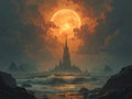 Gothic Castle at Sea Under Blood Moon Sunset Royalty Free Stock Photo