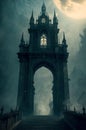 A gothic castle with stairs leading to a clock tower, under a full moon in a misty atomsphere. Gothic fantasy concept. Royalty Free Stock Photo