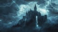A Gothic Castle Surrounded by Lightning and Storm Clouds Royalty Free Stock Photo