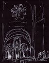 gothic cathedral interior, graphic drawing, travel sketch