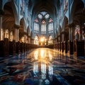 Gothic cathedral interior with stained glass windows and intricate details on columns and arches. Royalty Free Stock Photo