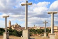 Gothic cathedral and mirador de la Piedad crosses, Segovia, Spain