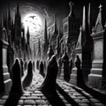 Gothic Cemetery Scene with Cloaked Figures and Full Moon