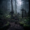 gothic cemetery with tombstones in the forest on a foggy day