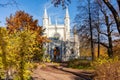 Gothic chapel in Alexandria park in autumn, Peterhof, Saint Petersburg, Russia Royalty Free Stock Photo