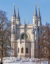 Gothic chapel in Alexandria park in winter, Saint Petersburg, Russia Royalty Free Stock Photo