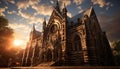 Gothic chapel, ancient and illuminated, stands tall in city twilight generated by AI