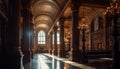 Gothic chapel with illuminated altar and pew generated by AI