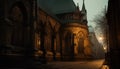 Gothic chapel illuminated by lantern at dusk generated by AI