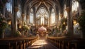 Gothic chapel, illuminated stained glass, ancient architecture, ornate altar generated by AI