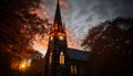 Gothic chapel silhouette illuminated by city twilight generated by AI