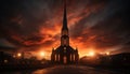Gothic chapel silhouette, illuminated by dramatic sunset sky generated by AI