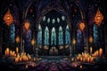 A gothic church with candles and stained glass windows Royalty Free Stock Photo