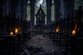 a gothic church with empty chairs and lit candles Royalty Free Stock Photo