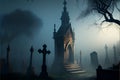 Gothic church in a foggy graveyard. Halloween background.