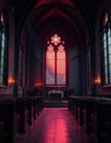 Gothic church interior with dramatic red lighting and stained glass Royalty Free Stock Photo